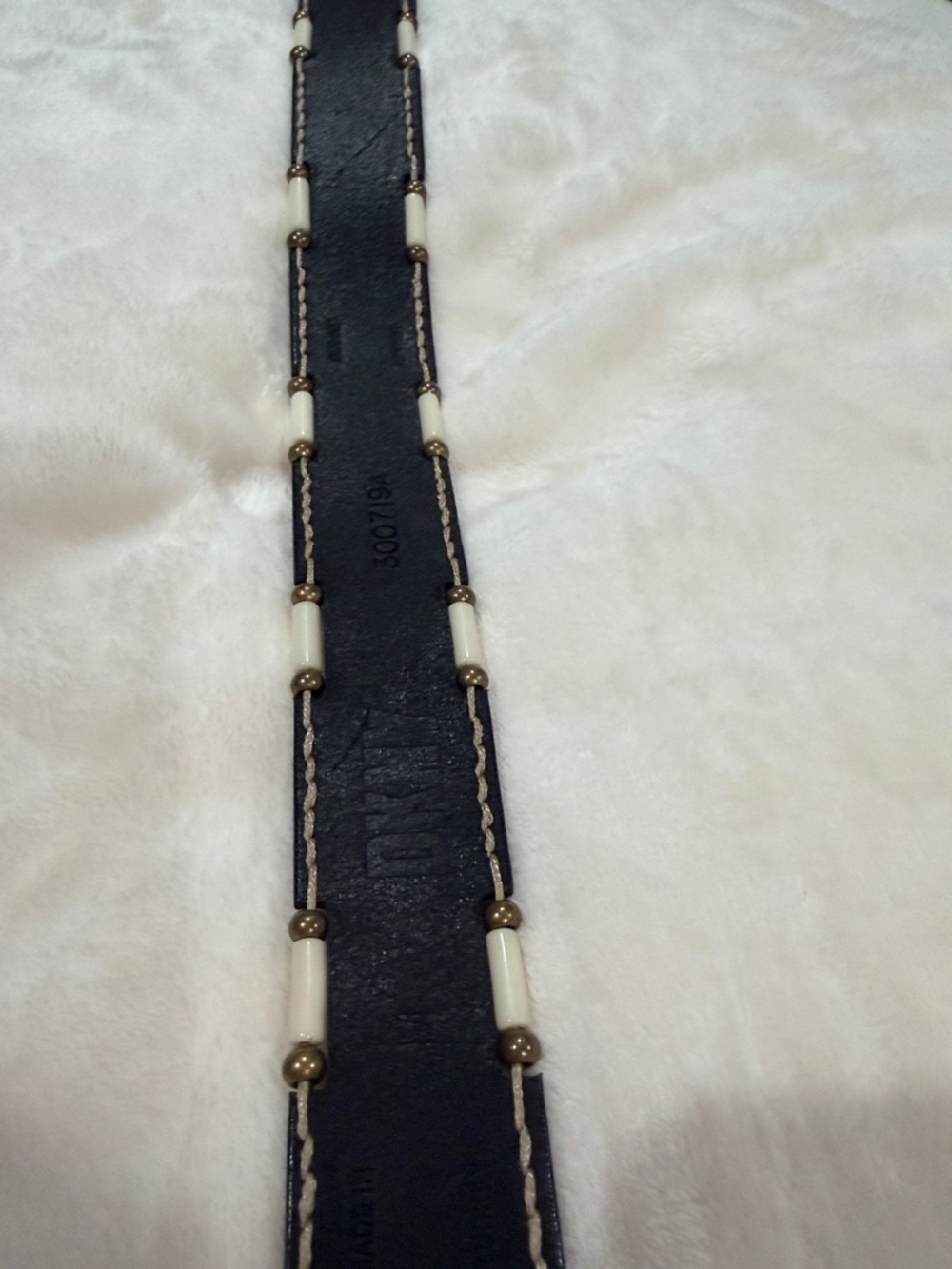 Vintage DKNY Black Leather Belt with Gold and Beige Accent Beads